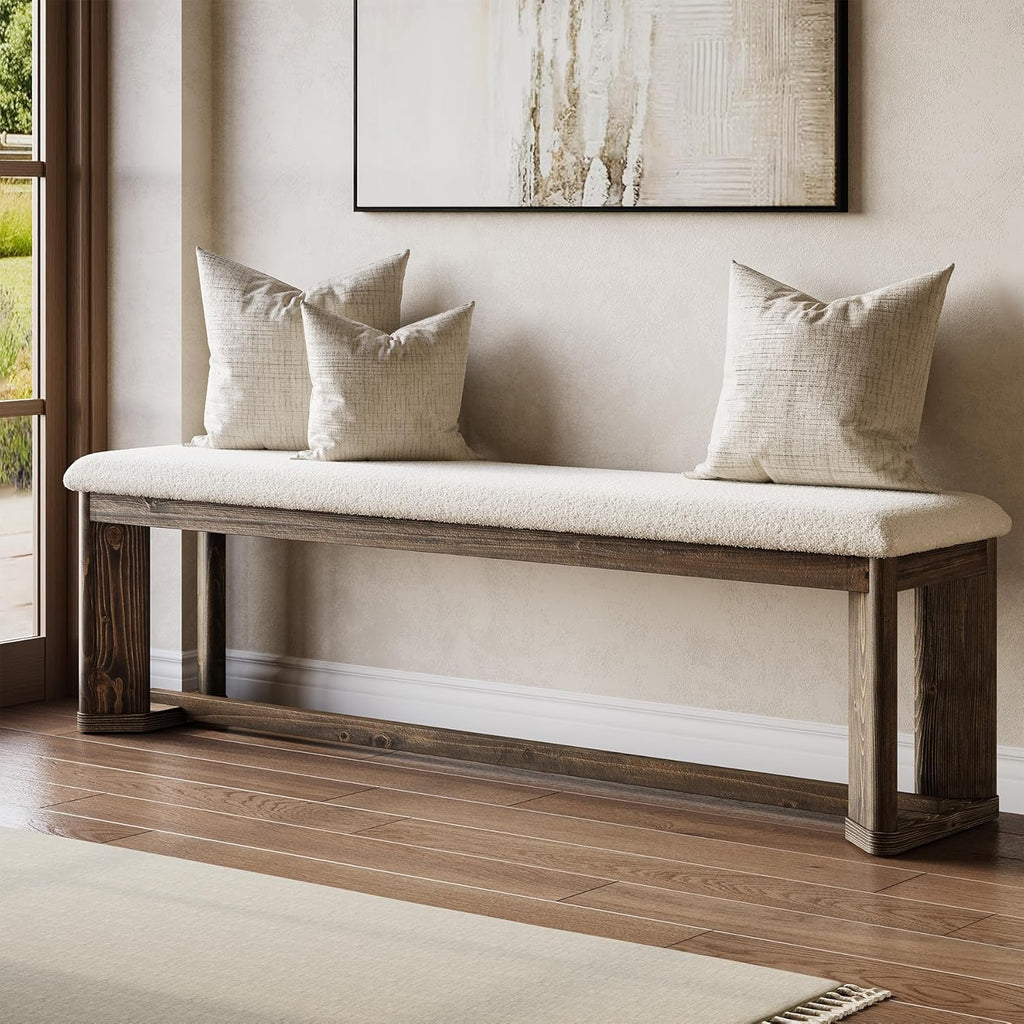 LITTLE TREE 63" Upholstered Bench, Solid Wood Entryway Shoe Bench with Cushion, Long Modern Farmhouse End of Bed Bench with Antique Brown Legs & Faux Lamb Fur Seat for Bedroom, Living Room, Dining