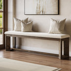 LITTLE TREE 63" Upholstered Bench, Solid Wood Entryway Shoe Bench with Cushion, Long Modern Farmhouse End of Bed Bench with Antique Brown Legs & Faux Lamb Fur Seat for Bedroom, Living Room, Dining