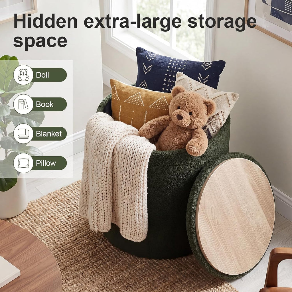 Joveco 14.5" Small Ottoman with Storage, Teddy Velvet Foot Rest Stool with Reversible Wood Tray Lid, Round Storage Ottoman Coffee Table, Vanity Stool for Living Room, Olive Green