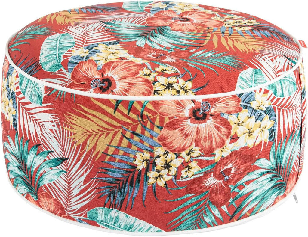 Outdoor/Indoor Inflatable Ottoman Pouf D20 xH9, All Weather Round Footstool with Handle, Water Repellent Portable Footrest for Patio Garden Camping Travel-Chili Red Floral