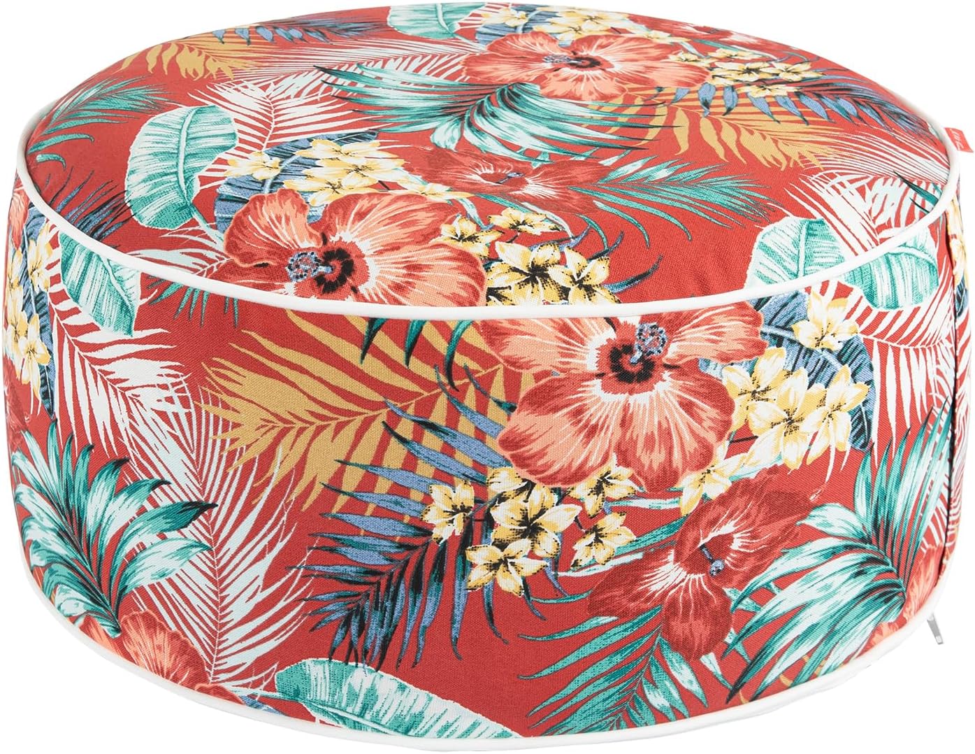 Outdoor/Indoor Inflatable Ottoman Pouf D20 xH9, All Weather Round Footstool with Handle, Water Repellent Portable Footrest for Patio Garden Camping Travel-Chili Red Floral
