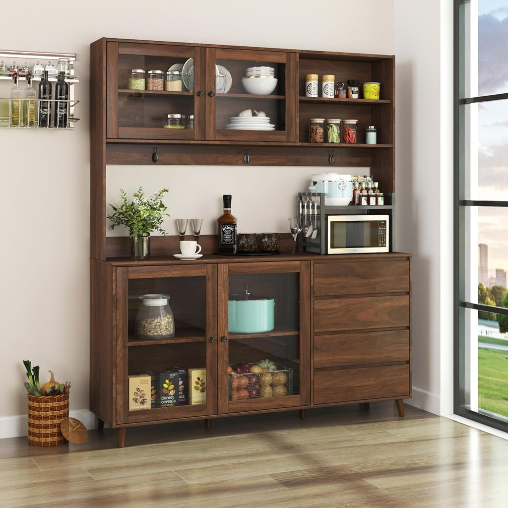 63" W Large Kitchen Hutch Cabinet,Freestanding Pantry Cabinets Storage Kitchen Cupboard with 4 Doors,4 Drawers and Microwave Shelf,Walnut