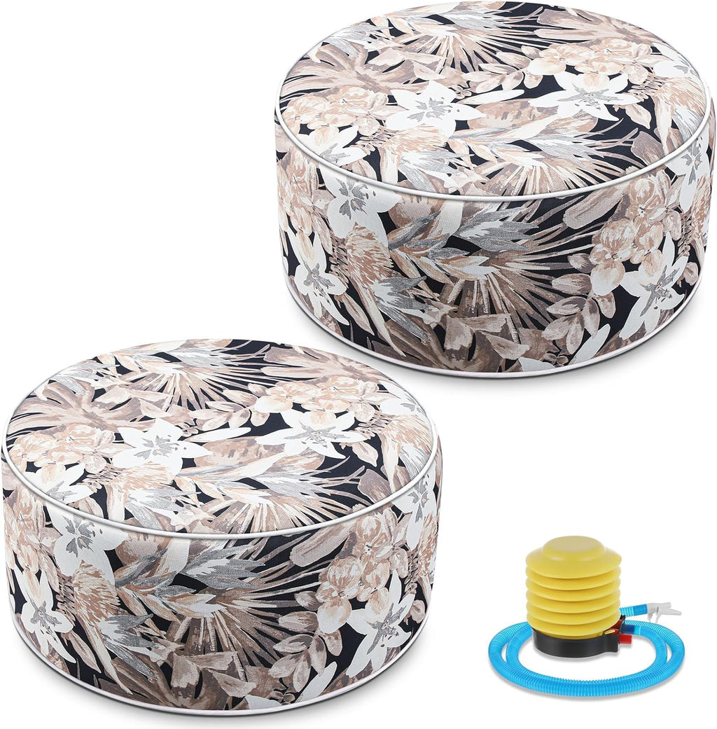 Cinnvoice 2 Pcs Inflatable Outdoor Ottoman Pouf Waterproof Round Footrest with Handle D21 x H9 Inch Indoor Outdoor Portable Footstool for Patio Garden Camping or Home Pool(Flower)