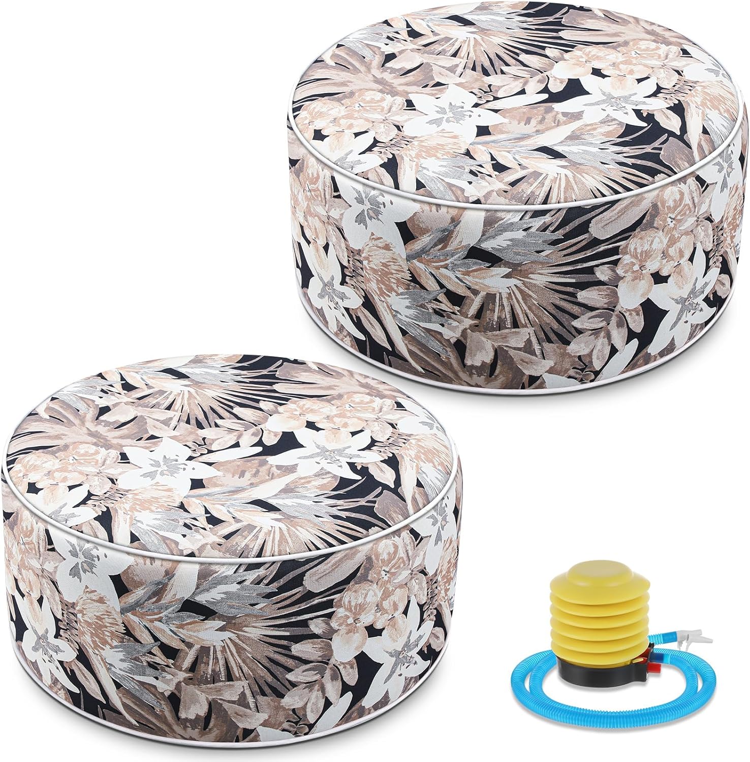 Cinnvoice 2 Pcs Inflatable Outdoor Ottoman Pouf Waterproof Round Footrest with Handle D21 x H9 Inch Indoor Outdoor Portable Footstool for Patio Garden Camping or Home Pool(Flower)