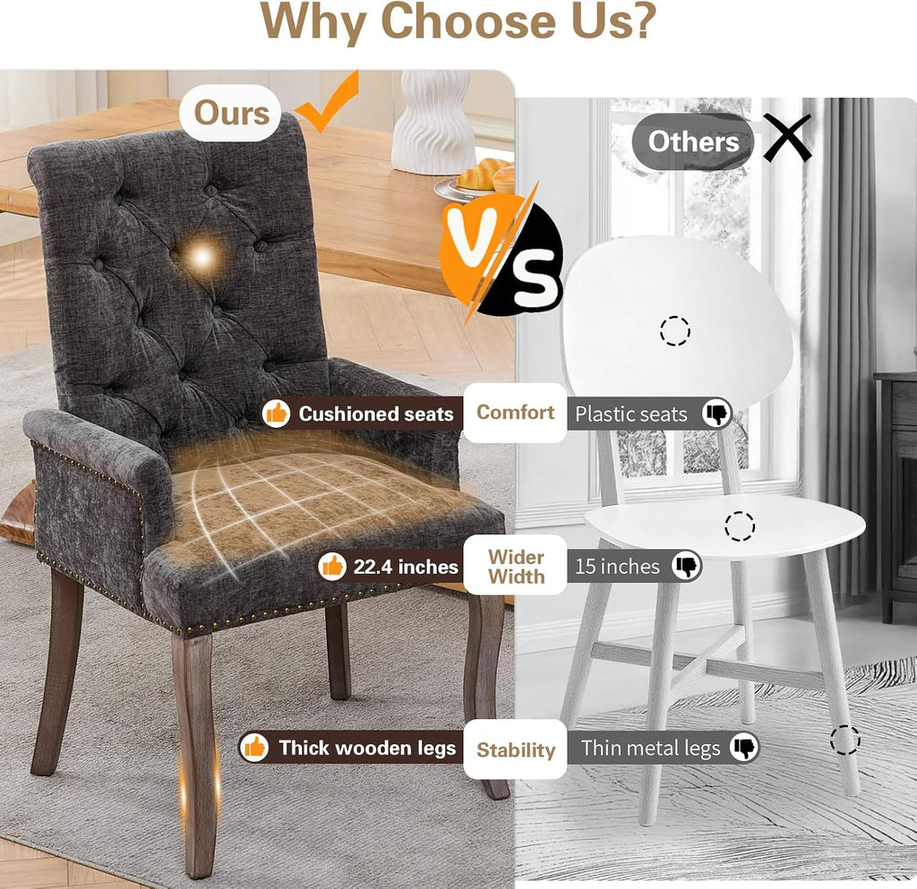 cinkehome Upholstered Dining Chairs, Dining Room Kitchen Chair with Armrest and Solid Wood Leg, Mid Century Modern Side Chairs (Gray, Chenille)