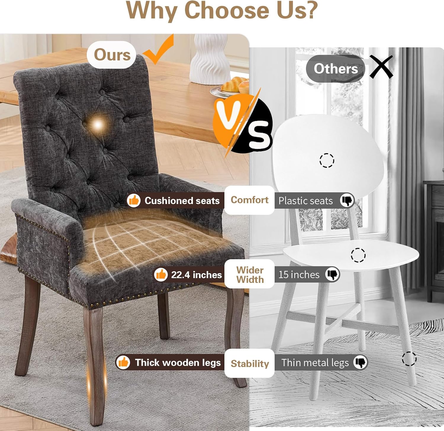 cinkehome Upholstered Dining Chairs, Dining Room Kitchen Chair with Armrest and Solid Wood Leg, Mid Century Modern Side Chairs (Gray, Chenille)