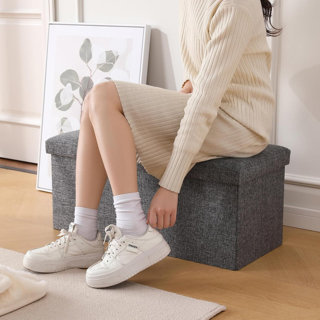 Storage Ottoman Bench Foldable Seat Footrest Shoe Bench End of Bed Storage with Flipping Lid, 75L Storage Space, 30 inches Linen Fabric Dark Grey
