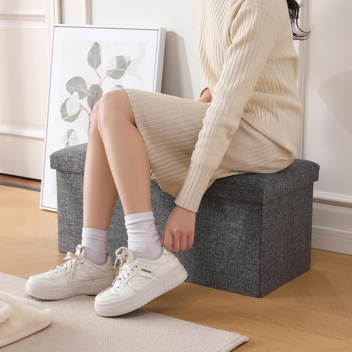 Storage Ottoman Bench Foldable Seat Footrest Shoe Bench End of Bed Storage with Flipping Lid, 75L Storage Space, 30 inches Linen Fabric Dark Grey