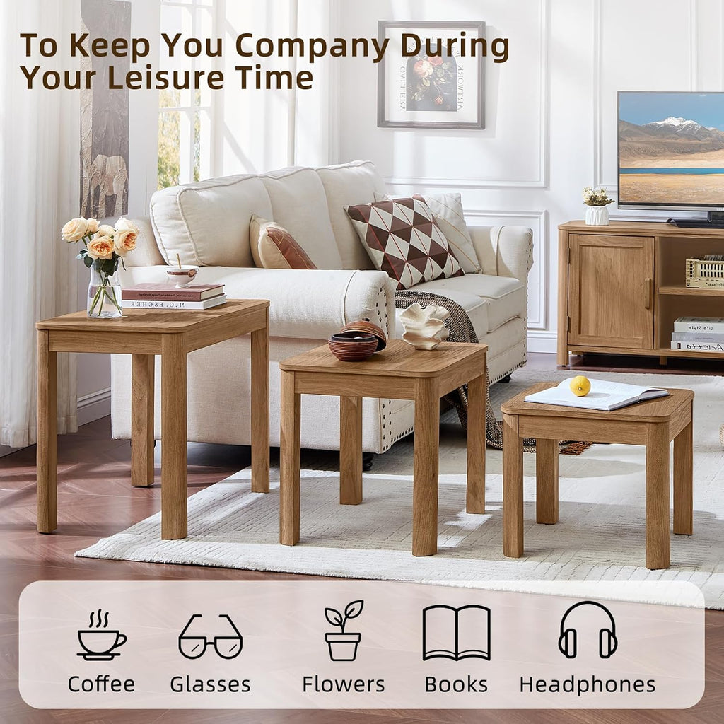 Joaxswe Farmhouse Nesting Tables Set of 3, Brown | Nesting Side Tables with Rounded Corners & 4 Thickened Table Legs & Foldable