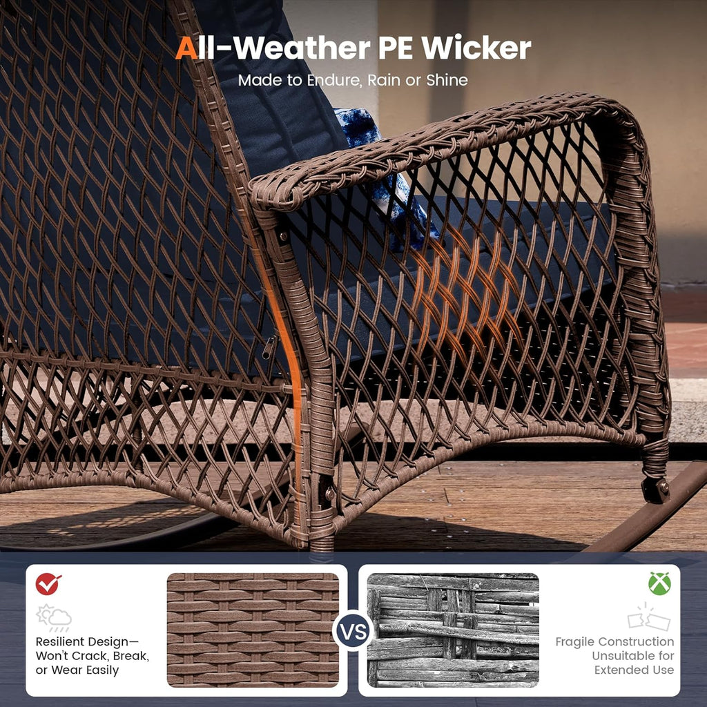 UDPATIO Rocking Chair Outdoor Set 2 with Coffee Table, 3 Piece Wicker Rocking Bistro Set with 4" Water-Resistant Cushions, Oversized, 350lbs Heavy-Duty, for Porch, Patio, Balcony, Brown/Navy