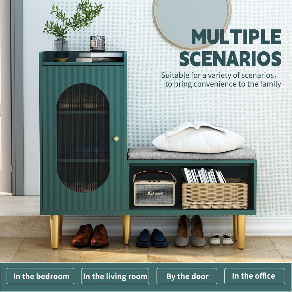 HLR Shoe Storage Bench with Glass Door&Shelf, L-Shaped Shoe Cabinet, Green | Modern Entryway Shoe Organizer with Padded Seat, Storage Cabinet for Hallway, Bedroom, Living Room, Office