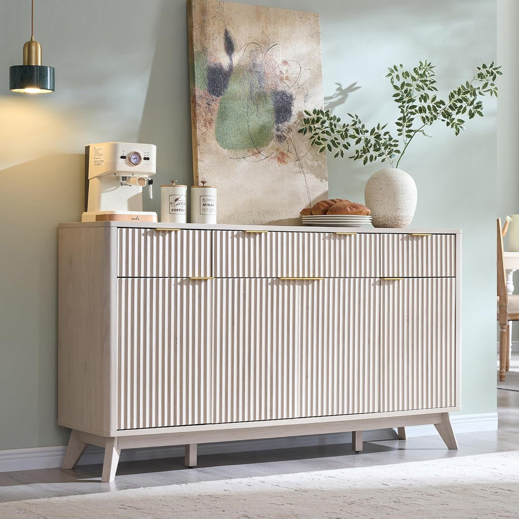 OKD Fluted Storage Cabinet with Drawers, 60" Morden Buffet Sideboard Coffee Bar Cabinet with 4 Doors and 3 Drawers for Dining Room, Living Room,Hallway (White Alder)