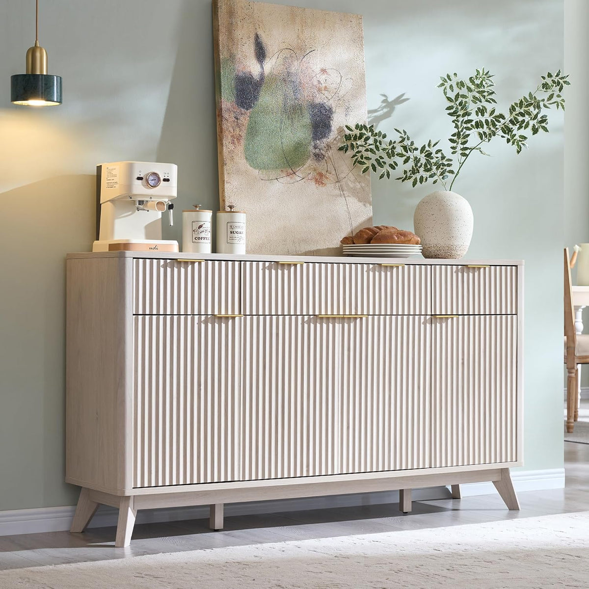 OKD Fluted Storage Cabinet with Drawers, 60" Morden Buffet Sideboard Coffee Bar Cabinet with 4 Doors and 3 Drawers for Dining Room, Living Room,Hallway (White Alder)