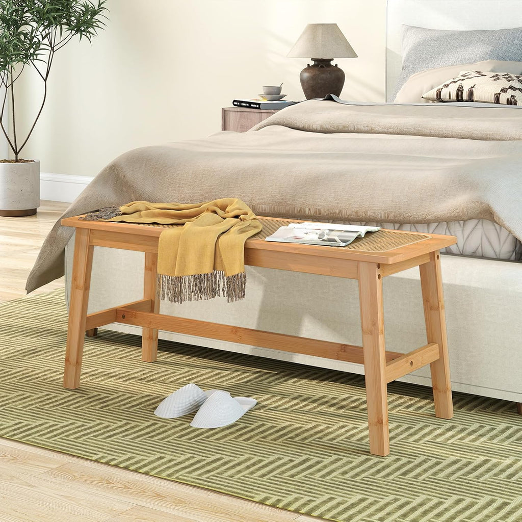 Giantex 39.5" Bamboo Dining Bench with Handwoven Rattan Seat, 600lbs Capacity, Shoe Ottoman, Kitchen Table Bench for Indoor Outdoor, Bedroom, Bathroom, Front Door, End of Bed, Entryway (Natural)