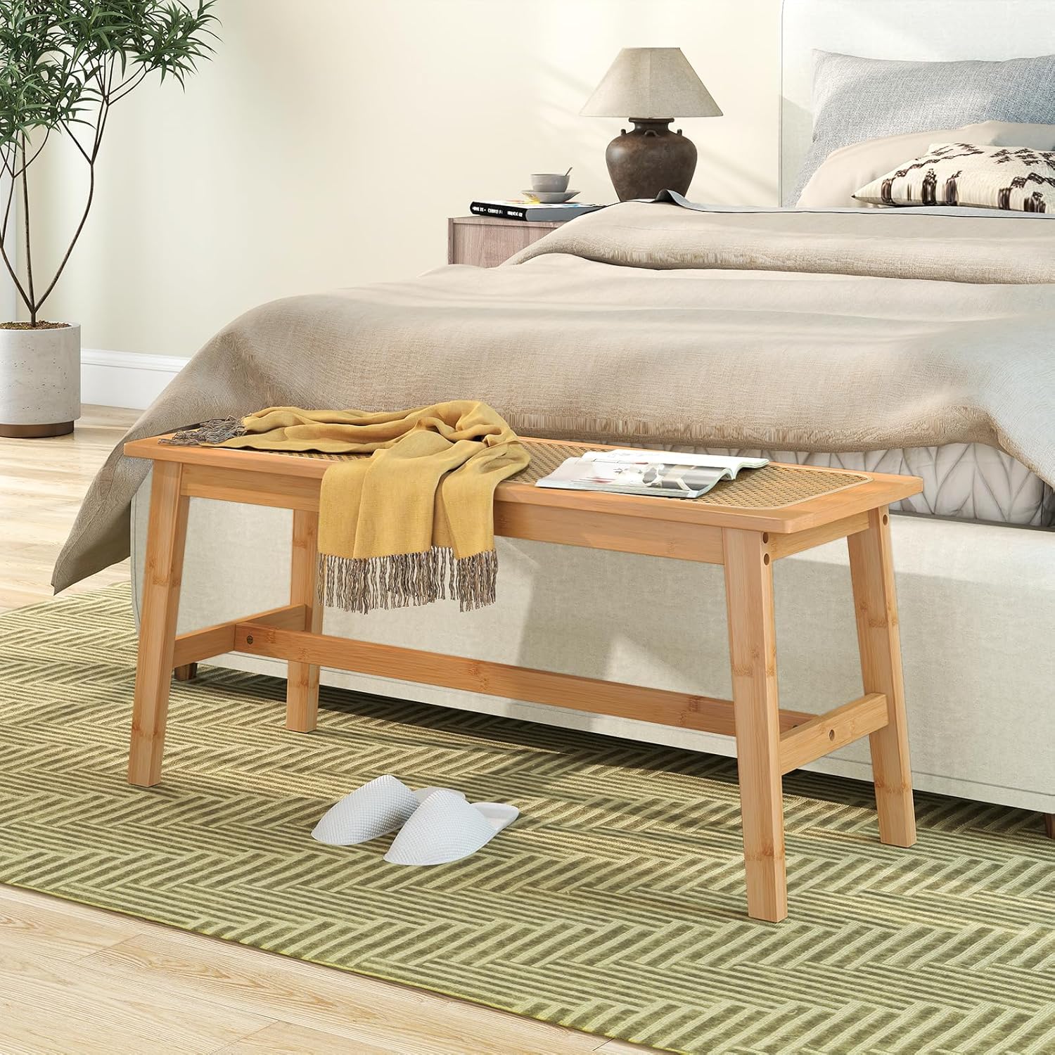 Giantex 39.5" Bamboo Dining Bench with Handwoven Rattan Seat, 600lbs Capacity, Shoe Ottoman, Kitchen Table Bench for Indoor Outdoor, Bedroom, Bathroom, Front Door, End of Bed, Entryway (Natural)