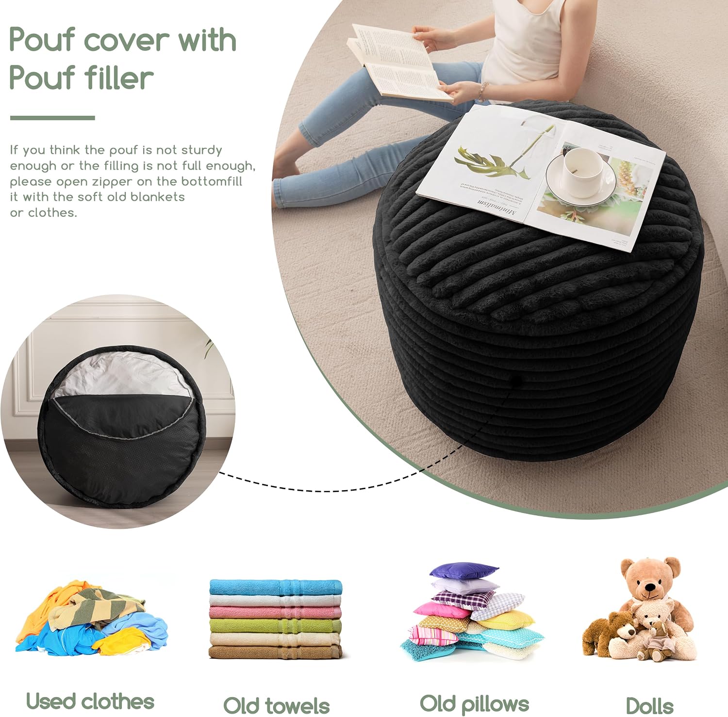 HIGOGOGO Round Stuffed Pouf Ottoman, Corduroy Poufs with High-Density Foam Filling, Furry and Fluffy Pouf Foot Stool Storage Ottoman, 20 X 15 Floor Poufs Foot Rest for Living Room, Black