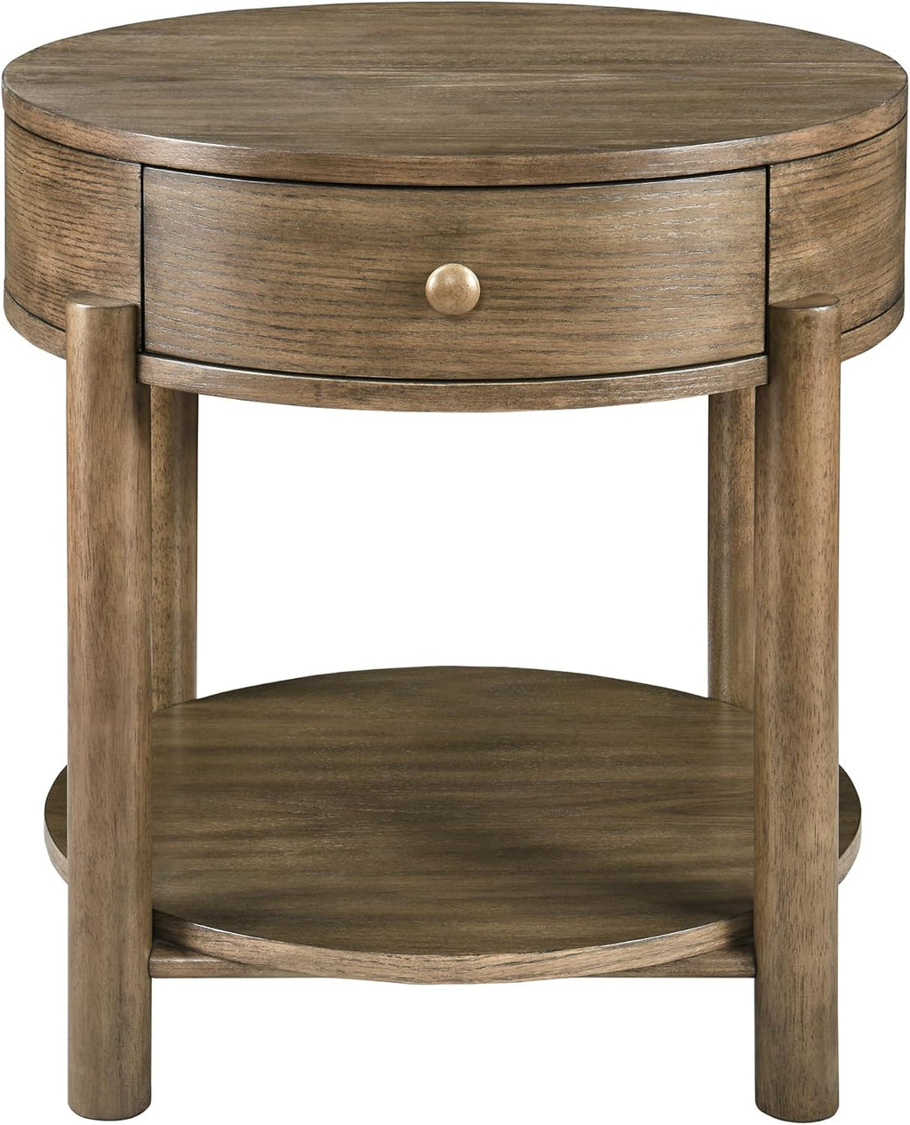 Solid Wood 24" Round End Table with Drawer, 2-Tier Small Sofa Side Table with Open Storage Oak Wood Accent Corner Table Modern Nightstand with Shelf for Living Room Bedroom Office, Brown, 24x25.16in