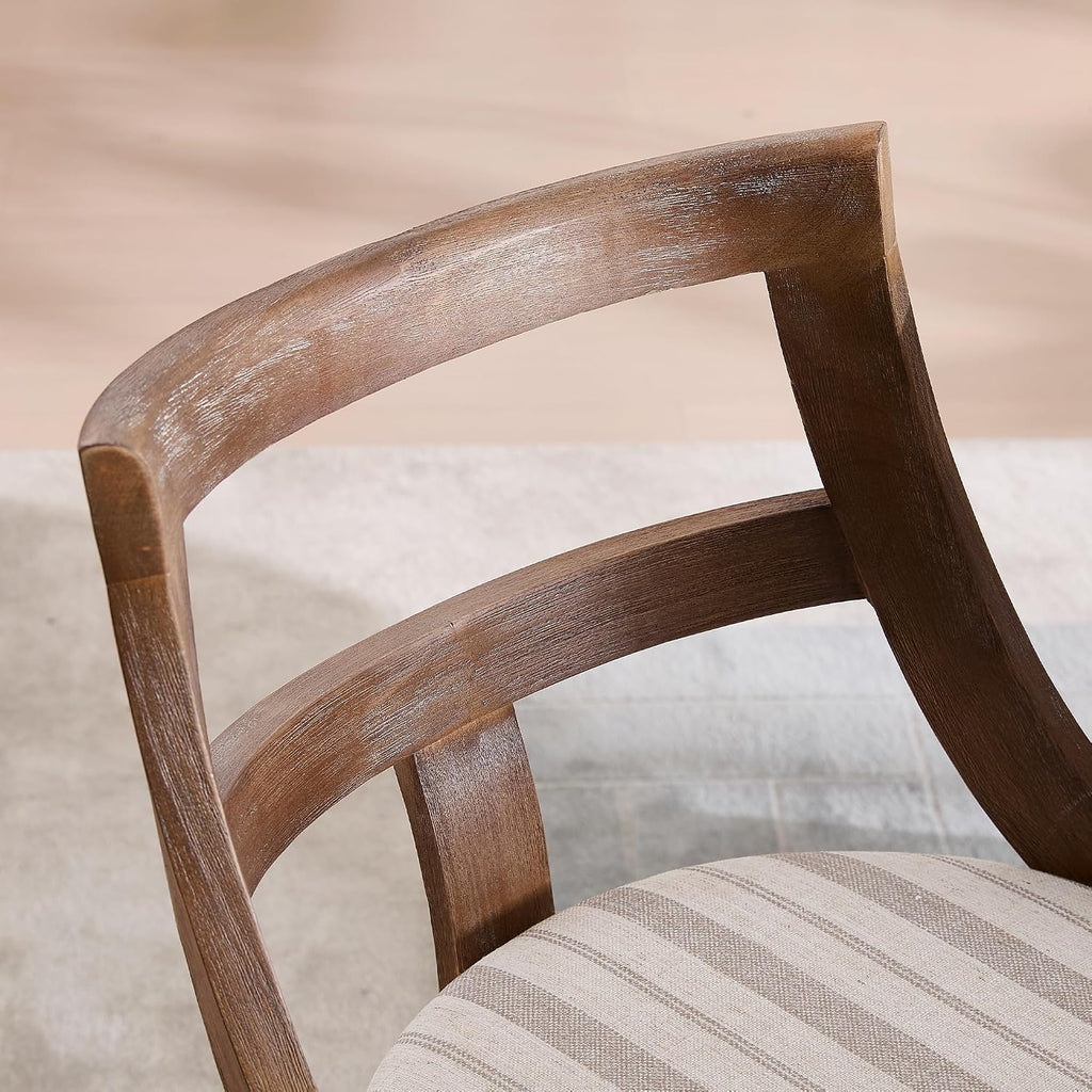 LZAREAL Modern Farmhouse Dining Chairs Set of 4 Mid Century Upholstered Dining Chair with Wooden Curved Back Kitchen Chairs for Dining Room Restaurant Cafe, Brown Walnut Colored-Linen Khaki Stripe