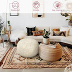 Thgonwid Unstuffed Moroccan Faux Leather Pouf Ottoman Cover with Storage - Boho Chic Multi-Use Footrest for Living Room, Bedroom, Patio - Round Ethnic Floor Cushion & Decorative Accent, Ivory