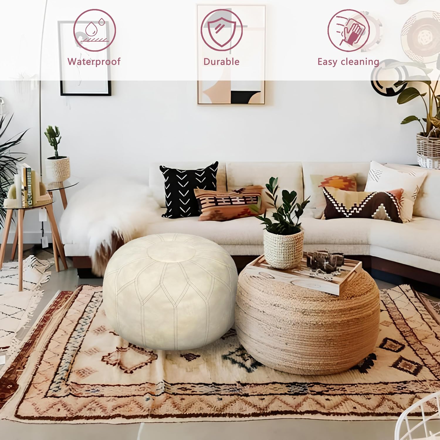 Thgonwid Unstuffed Moroccan Faux Leather Pouf Ottoman Cover with Storage - Boho Chic Multi-Use Footrest for Living Room, Bedroom, Patio - Round Ethnic Floor Cushion & Decorative Accent, Ivory
