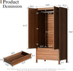 Furniway Armoire Wardrobe Closet, 70.9" Tall Wardrobe Cabinet with 2 Doors, 2 Large Drawers and Hanging Rod, Wooden Clothing Storage Cabinet for Bedroom, Cloak Room, Walnut