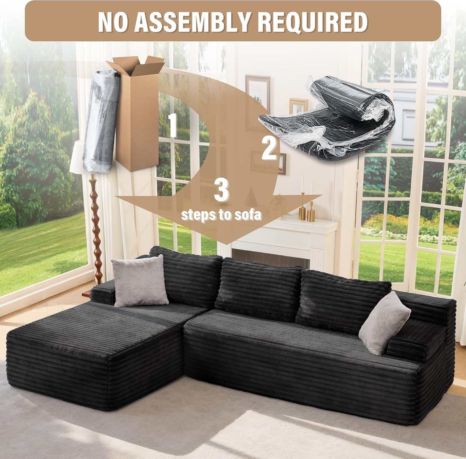 Hobestluk Couch Modular Sectional Sofa L-Shape Lounge Cloud Couch | Memory Foam,Washable Cover,No Assembly,Non-slip Base,Small Sectional Couches for Living Room | 96" Left Facing Chaise Black