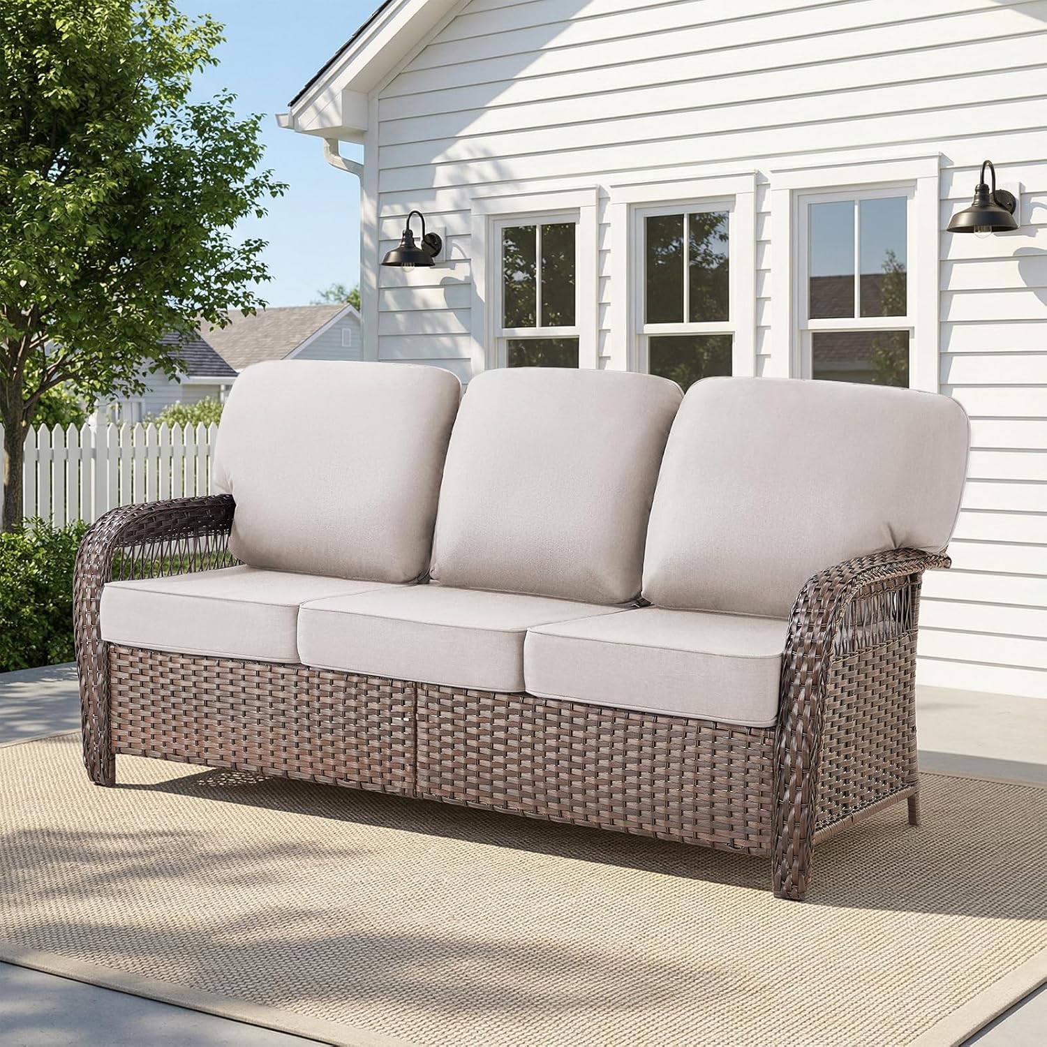 Belord Luxury Outdoor High Back Couch, All-Weather Wicker 3-Seater Sofa, Wicker Patio Furniture for Deck Porch Garden,Beige