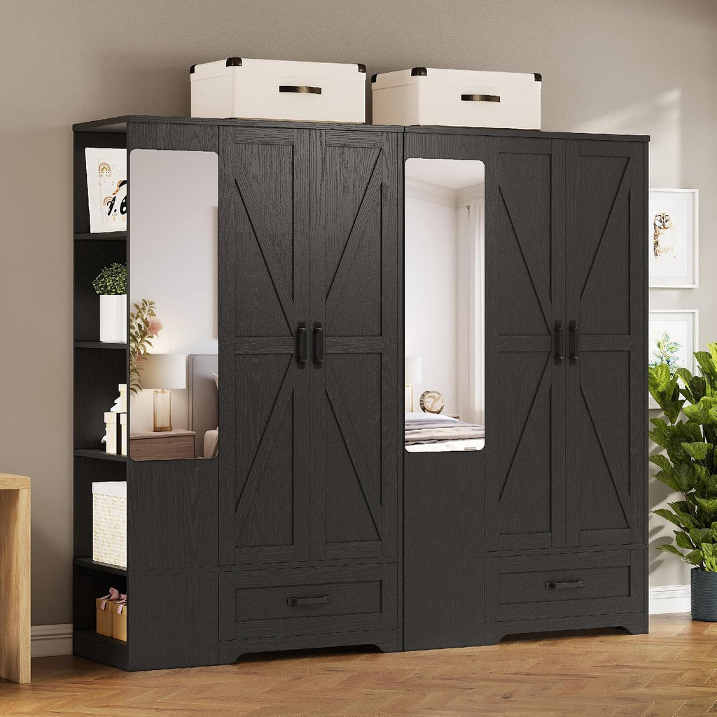 LIKIMIO Armoire Wardrobe Closet 70 Inches, Large Storage with Mirror, 2 Doors, Drawer, and Shelves, Modern Bedroom Freestanding Wooden Wardrobe Combination with Hanging Rail, Black