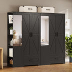 LIKIMIO Armoire Wardrobe Closet 70 Inches, Large Storage with Mirror, 2 Doors, Drawer, and Shelves, Modern Bedroom Freestanding Wooden Wardrobe Combination with Hanging Rail, Black