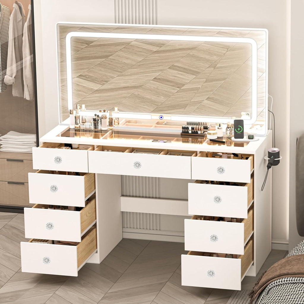 Vanity with Lighted Mirror, Glass Top Makeup Vanity Desk with Power Outlet and 9 Drawers, 3 Color Lighting Modes Adjustable Dresser for Bedroom, White