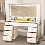 Vanity with Lighted Mirror, Glass Top Makeup Vanity Desk with Power Outlet and 9 Drawers, 3 Color Lighting Modes Adjustable Dresser for Bedroom, White