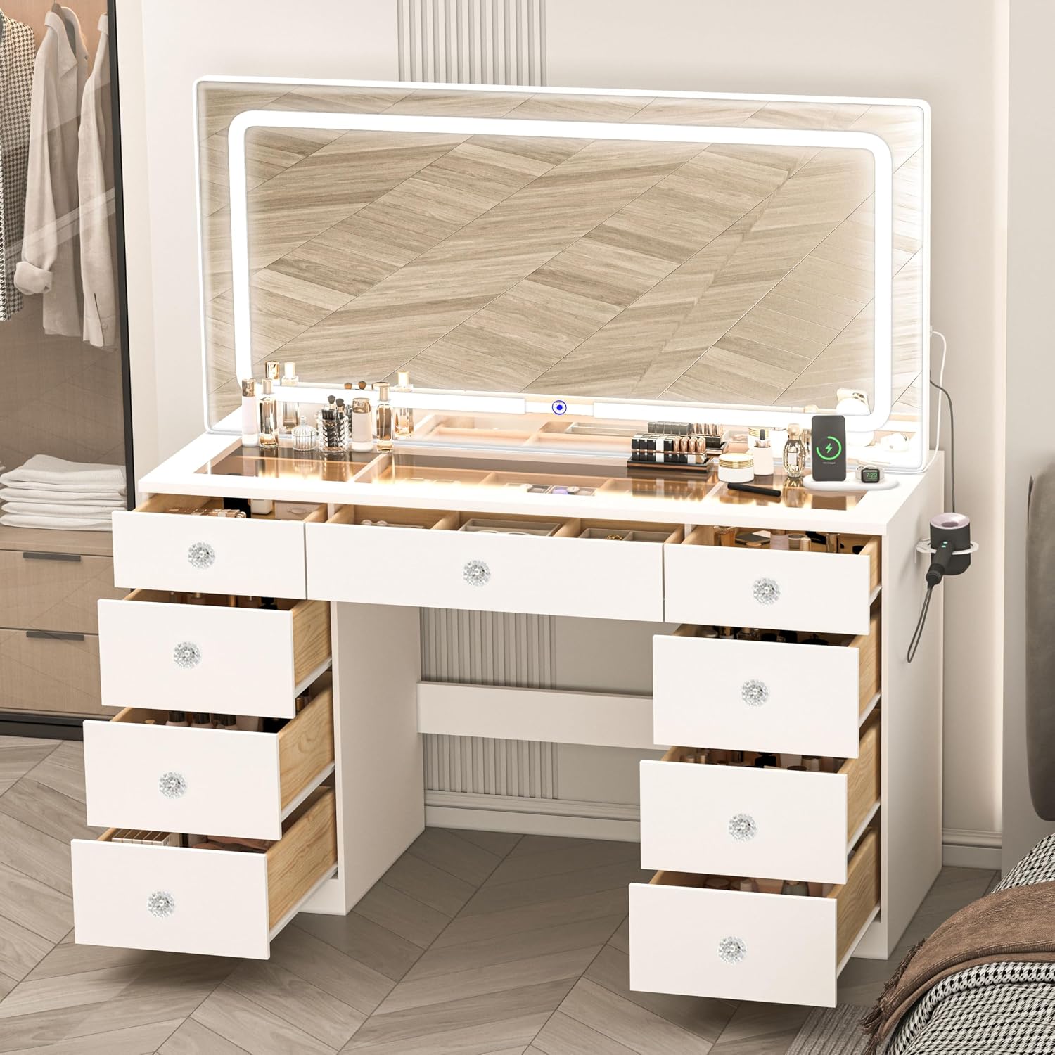 Vanity with Lighted Mirror, Glass Top Makeup Vanity Desk with Power Outlet and 9 Drawers, 3 Color Lighting Modes Adjustable Dresser for Bedroom, White