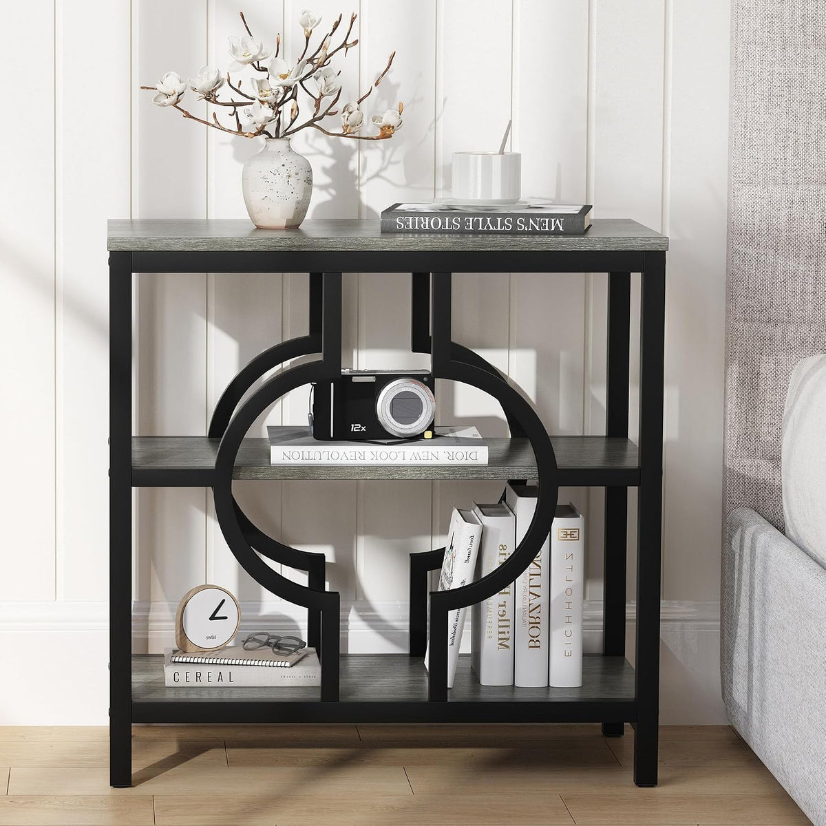 End Table Set of 2, Narrow Side Table with 3-Tier Storage Shelves, Wood Sofa Side Table with Geometric Metal Frame for Living Room, Industrial Bedside Nightstand for Bedroom (Gray)