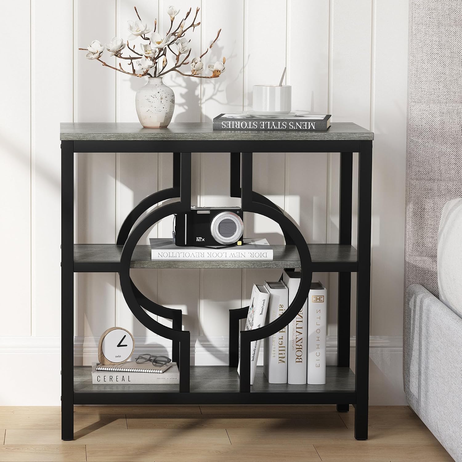 End Table, Narrow Side Table with 3-Tier Storage Shelves, Wood Sofa Side Table with Geometric Metal Frame for Living Room, Industrial Bedside Nightstand for Bedroom (1, Gray)