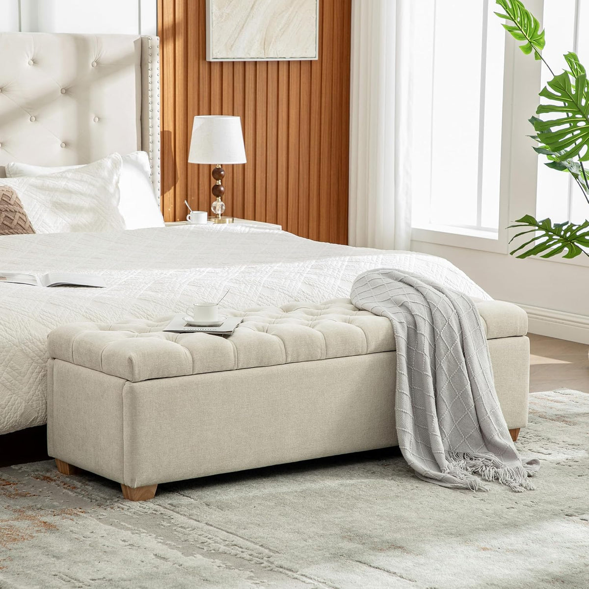 60.2'' Wide Upholstered Storage End of Bed Bench, Tufted Flip-Top Accent Window Bench Footrest Stool Ottoman with Legs for Living Room, Bedroom, Entryway, Dining Room, Dorm, Corner (Beige+Chenille)