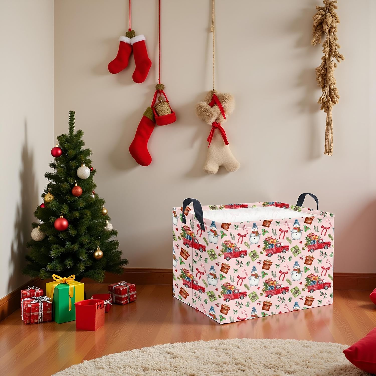 Rectangular Christmas Basket Waterproof Storage Bin for Bedroom Collapsible Bin Books Box Basket Room Decor(Pink Christmas)