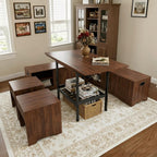 Extendable Breakfast Nook Table Set with Storage Benches & Stools, 6-Piece Corner Dining Table Set, Kitchen Nook Table Set with Glass Holder for Small Space, Indoor/Outdoor Use (Walnut(No Cushion))