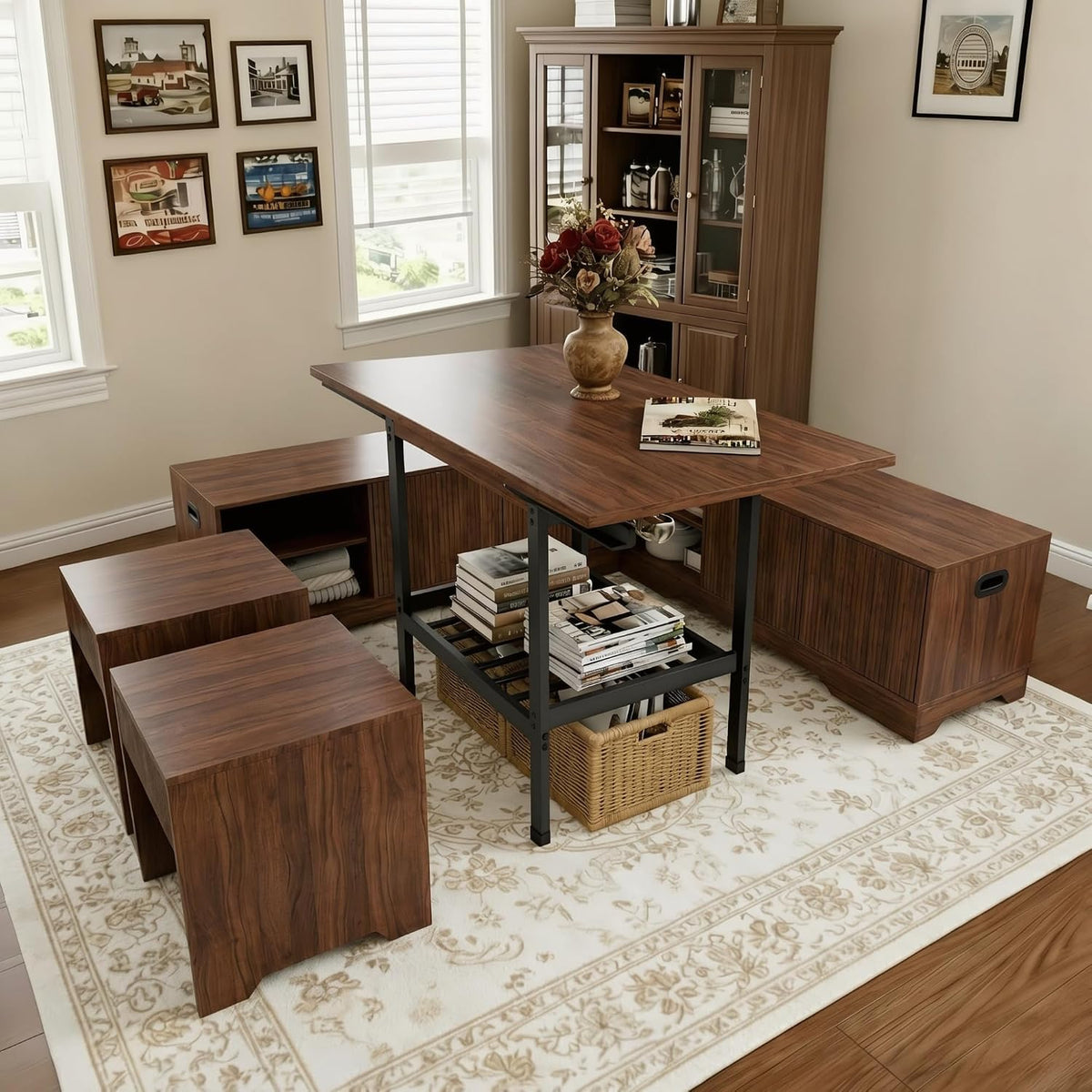 Extendable Breakfast Nook Table Set with Storage Benches & Stools, 6-Piece Corner Dining Table Set, Kitchen Nook Table Set with Glass Holder for Small Space, Indoor/Outdoor Use (Walnut(No Cushion))