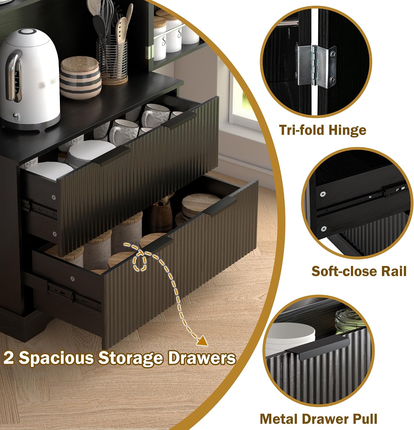 Polibi 72" Fluted Kitchen Pantry Cabinet with Drawers & 3 Shelves,Black | 8 Built-In Door Spice Racks. Sturdy MDF,Freestanding Storage Organizer for Kitchen Dining Room
