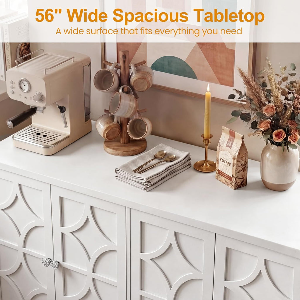 RoyalCraft Sideboard Buffet Cabinet with Storage, 56" Modern Sideboard with 4 Carved Doors, Large Wood Coffee Bar Console Table for Kitchen, Dining Room, Entryway, Living Room, Satin White