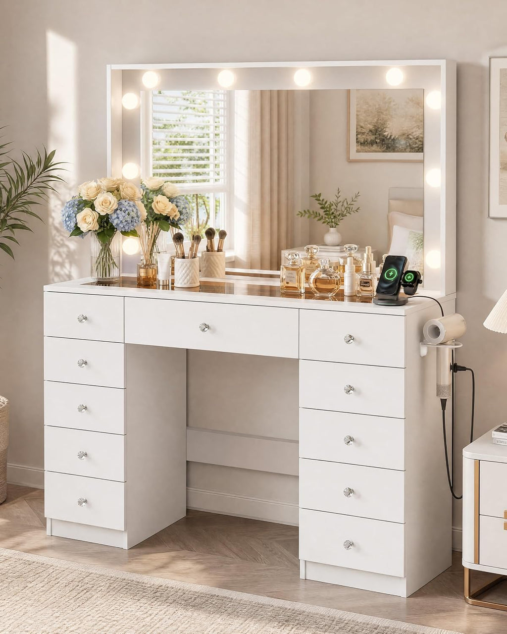 Otterease White Makeup Vanity with Mirror and Lights,11 Drawers & Glass Top | Vanity Desk Table with Charging Station and 10 LED Bulbs, Hair Dryer Holder, for Bedroom