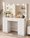 Otterease White Makeup Vanity with Mirror and Lights,11 Drawers & Glass Top | Vanity Desk Table with Charging Station and 10 LED Bulbs, Hair Dryer Holder, for Bedroom