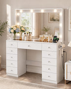 Otterease White Makeup Vanity with Mirror and Lights,11 Drawers & Glass Top | Vanity Desk Table with Charging Station and 10 LED Bulbs, Hair Dryer Holder, for Bedroom