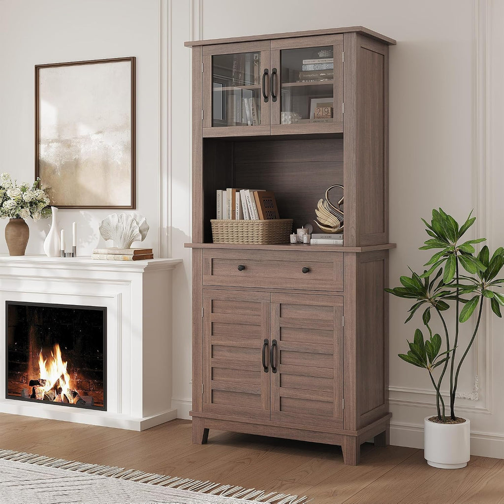 GarveeHome 72 in Tall Kitchen Pantry Cabinet, Kitchen Hutch Bar Cabinet with Microwave Stand, Cupboard with Drawers & 2 Glass Doors for Dining Room, Living Room, Kitchen, Dark Brown