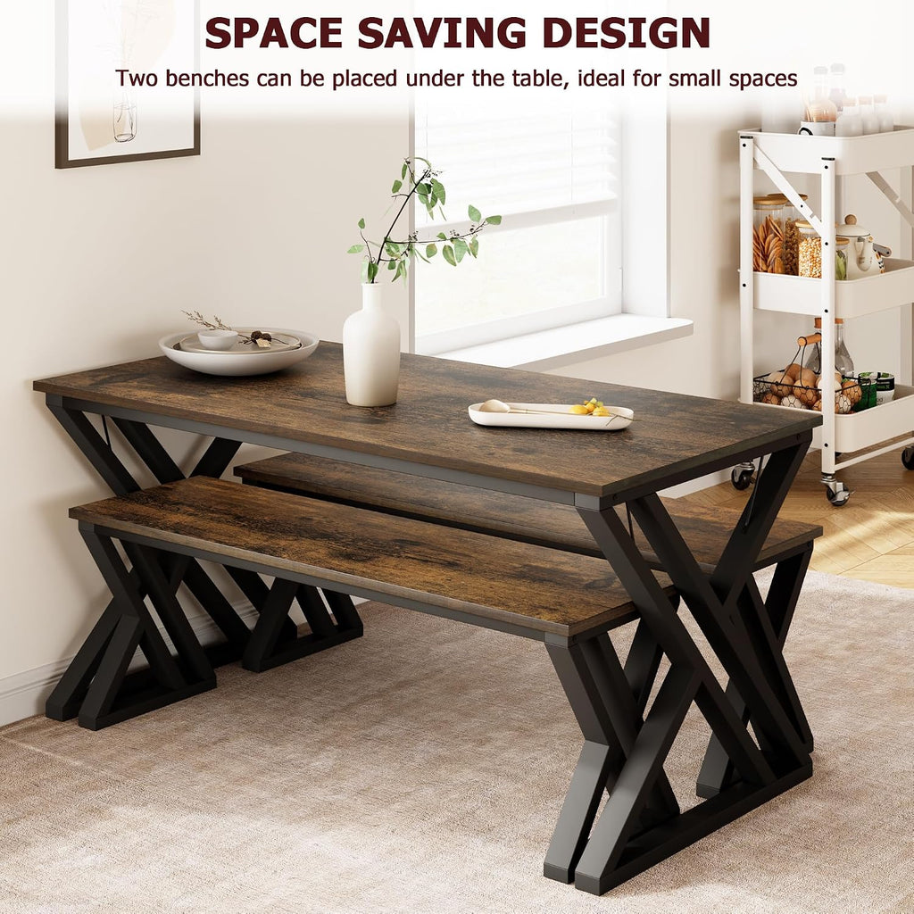 GarveeHome Kitchen Table with 2 Benches, Dining Table Set for 4, Saving Space Dining Room Table Set for Kitchen, Dining Room, Apartment, Sturdy Metal Frame, Vintage Brown