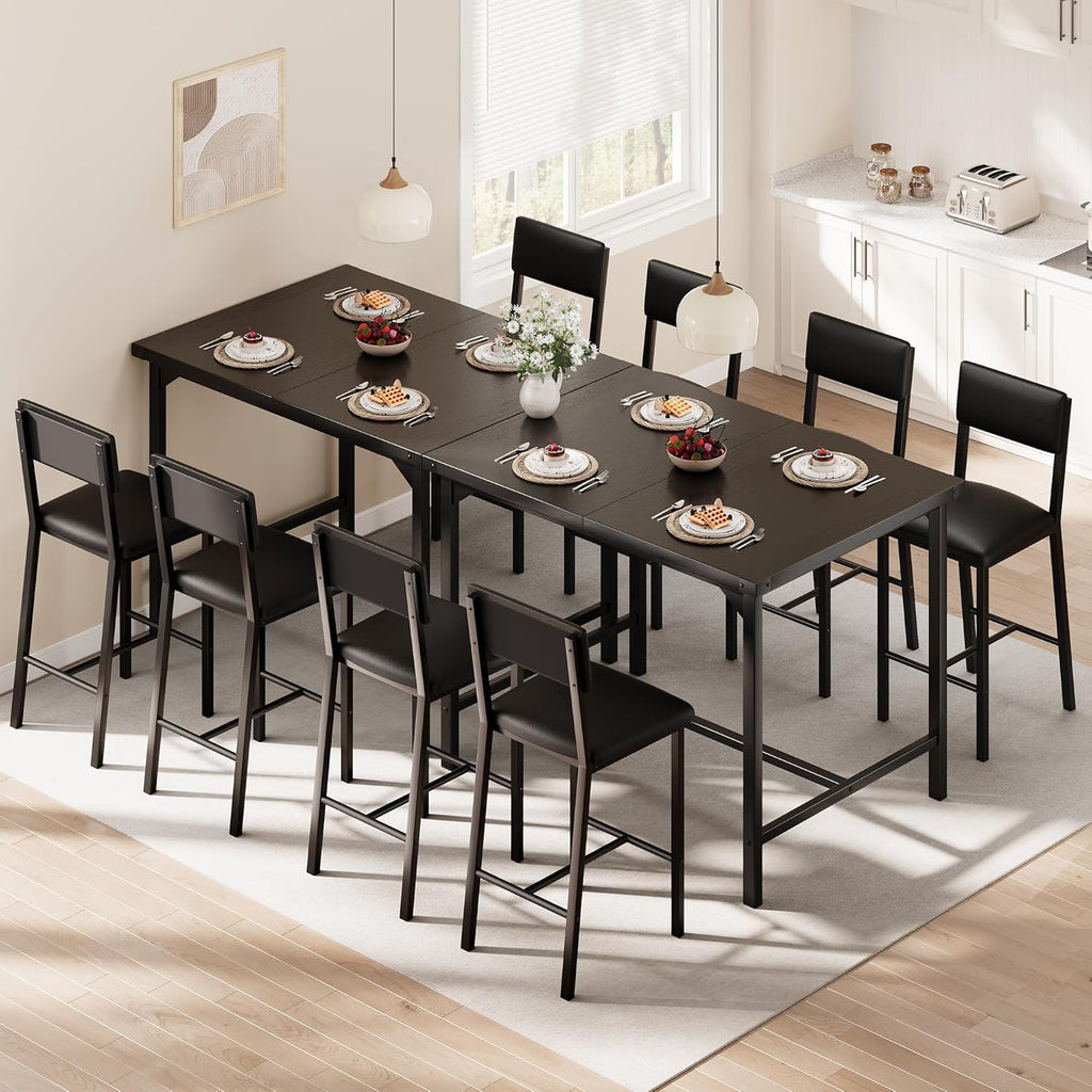 IDEALHOUSE Dining Table Set for 4 with Footrest & Corner Protector, Counter Height Table with 4 Upholstered Bar Stools, 5-Piece Kitchen Table Set, for Dining Room, Apartment, Pub, Rustic Black