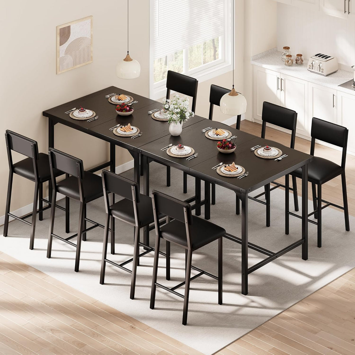 IDEALHOUSE Dining Table Set for 4 with Footrest & Corner Protector, Counter Height Table with 4 Upholstered Bar Stools, 5-Piece Kitchen Table Set, for Dining Room, Apartment, Pub, Rustic Black