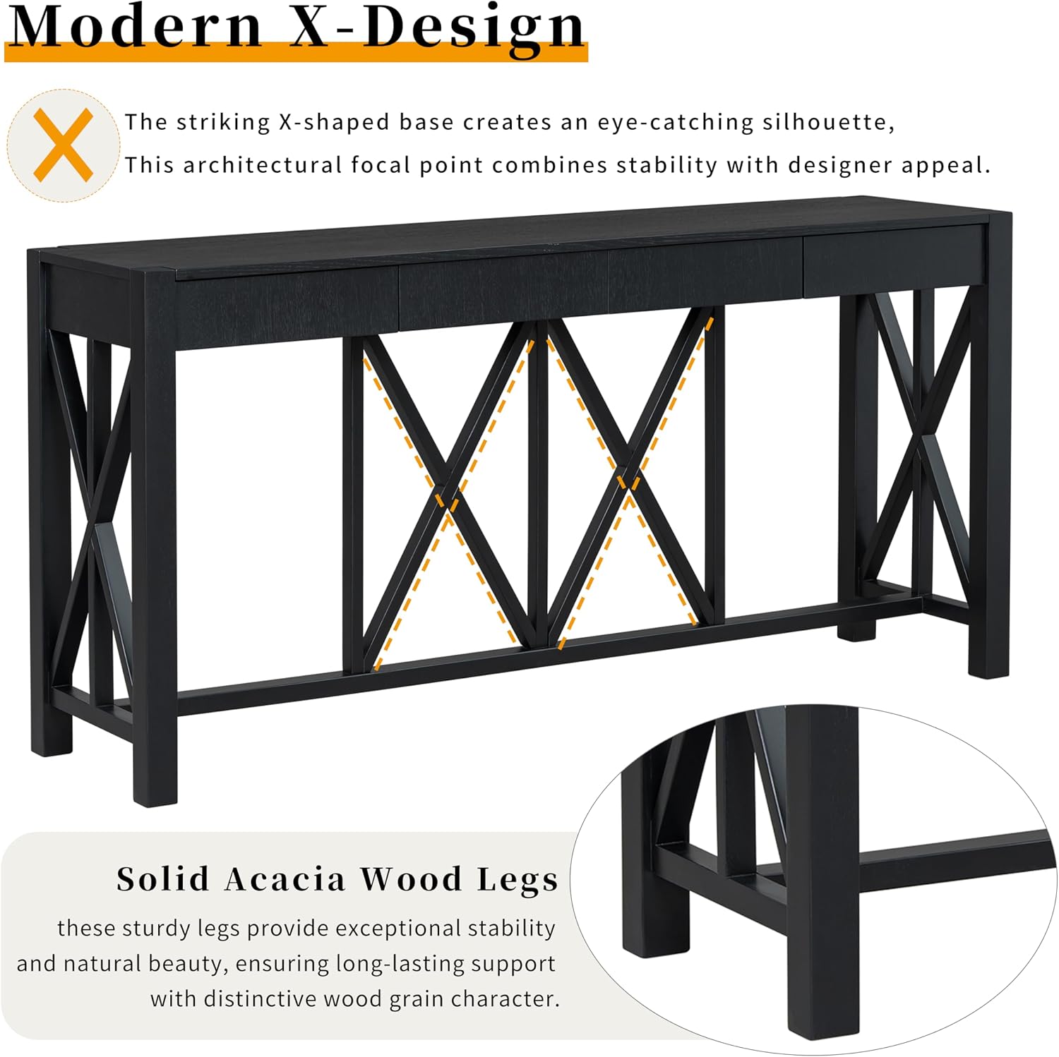 Farmhouse 60'' Console Table Sofa Table with 4 Spacious Drawers and Open Bottom Storage, Modern Crisscross Design Entryway Table for Living Room,Kitchen,Dining Room (Black-X)