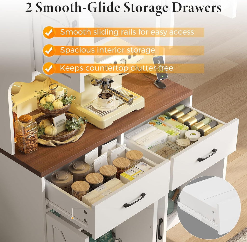 VK·LIVING 71" Kitchen Pantry Cabinet with LED Light & Charging Station, Farmhouse Storage Cabinet with Adjustable Shelves & 2 Drawers, Large Kitchen Pantry with Coffee Bar, White
