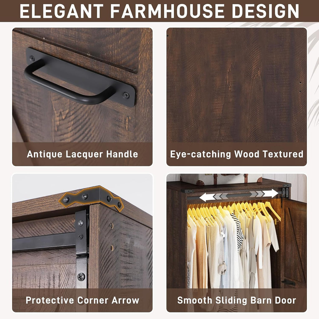 Farmhouse 2 Doors Armoire Wardrobe Closet w/ Folding Sliding Barn Door and Lights, LED Armoire Closet w/Drawers for Bedroom, Freestanding Wooden Wardrobe Storage Closet w/Hanging Rod,Rustic Brown